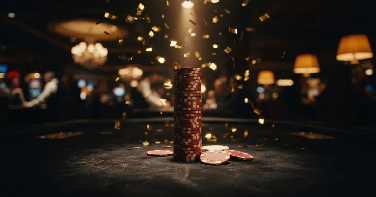 Kultainen konfetti putoaa pelimerkkien päälle mustalla pöydällä, valokeila osuu pinon huipulle — casino ilmaiskierros