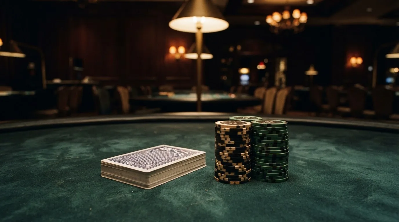 Pelikorttipakka ja pinoja pelimerkkejä viherhuopapöydällä himmeässä kasinosalissa lämpimän lampun valossa — casino ilmaiskierros