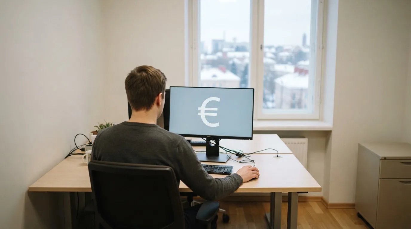 Virkailija istuu vaaleassa virastohuoneessa tietokoneen ääressä, ikkunasta näkyy talvinen kaupunkimaisema.