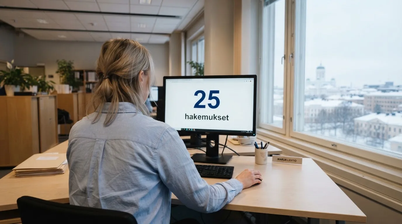 Virkailija istuu vaaleassa virastohuoneessa tietokoneen ääressä, ikkunasta näkyy talvinen kaupunkimaisema.