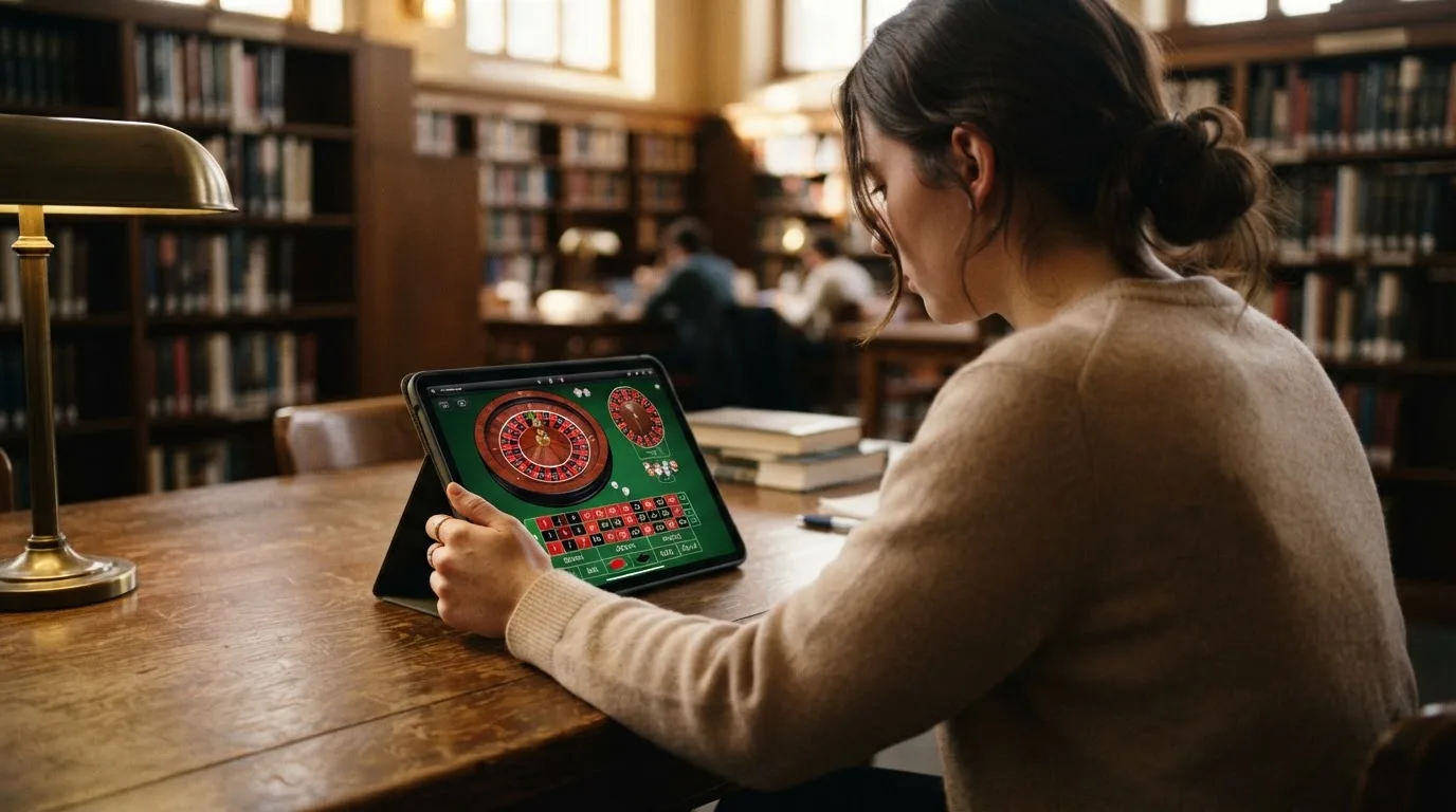 Nuori aikuinen istuu kirjaston pöydän ääressä tablet-laite kädessään hiljaisessa tilassa täynnä kirjahyllyjä.