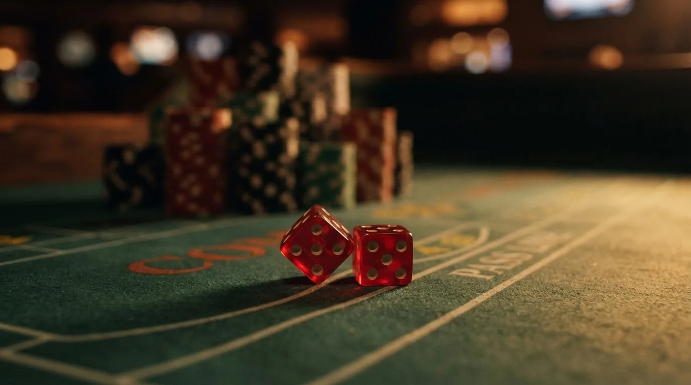 Punaiset nopat lepäävät vihreällä huovalla, taustalla sumeita pelimerkkitorneja iltahämärässä — kolikkopelit casino pelit