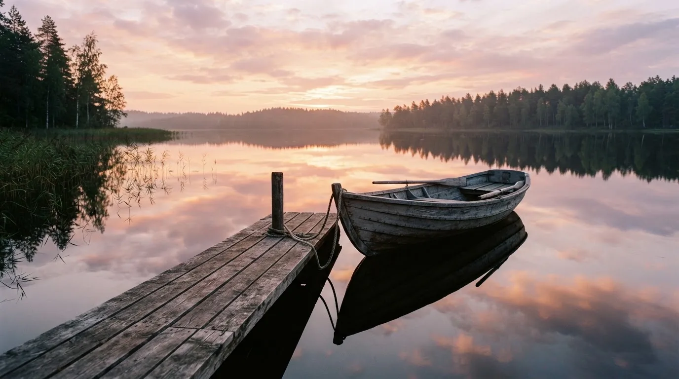 Laituri tyynellä järvellä auringonlaskussa, vanha soutuvene kiinnitettynä ja vedessä pilvien heijastus — luotettavat suomalaiset kasinot