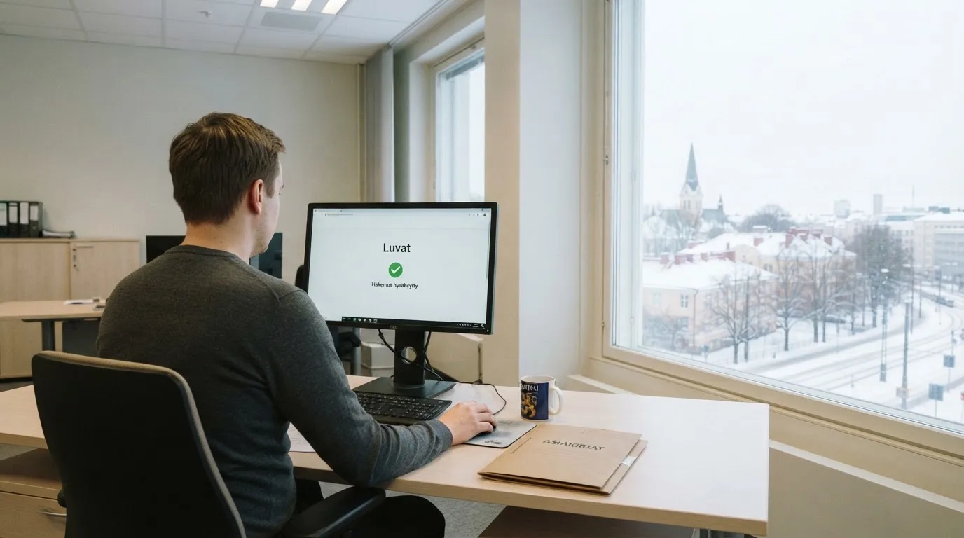 Virkailija istuu vaaleassa virastohuoneessa tietokoneen ääressä, ikkunasta näkyy talvinen kaupunkimaisema.