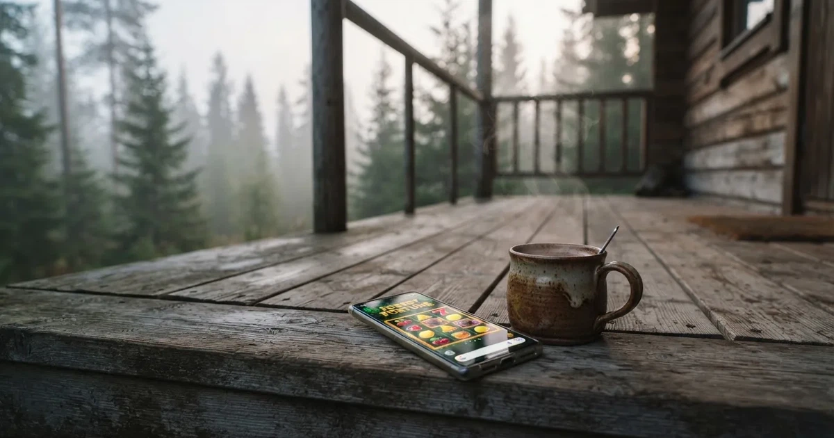 Kädet pitelevät lämmintä kaakaomukia metsämökin portailla, vieressä suljettu tabletti ja aamusumua — mobiilikasino puhelimessa