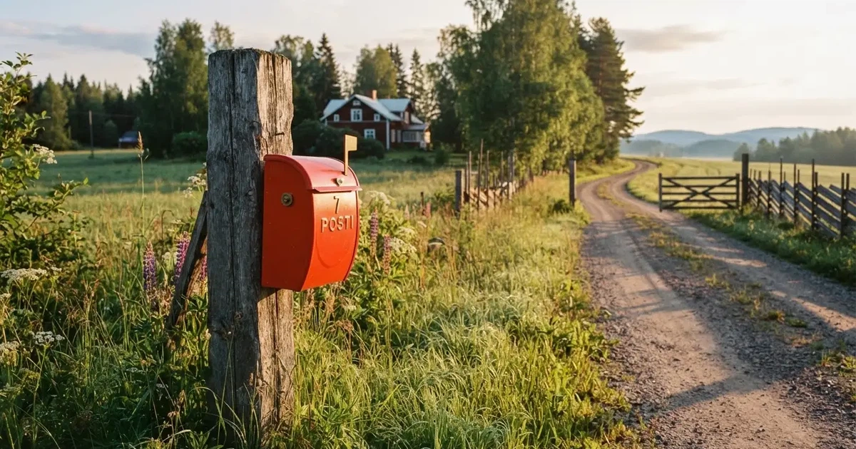 Punainen postilaatikko maalaistalon portilla kesäillassa, ruoho on kasteessa ja varjot pitkiä — parhaat klarna kasinot
