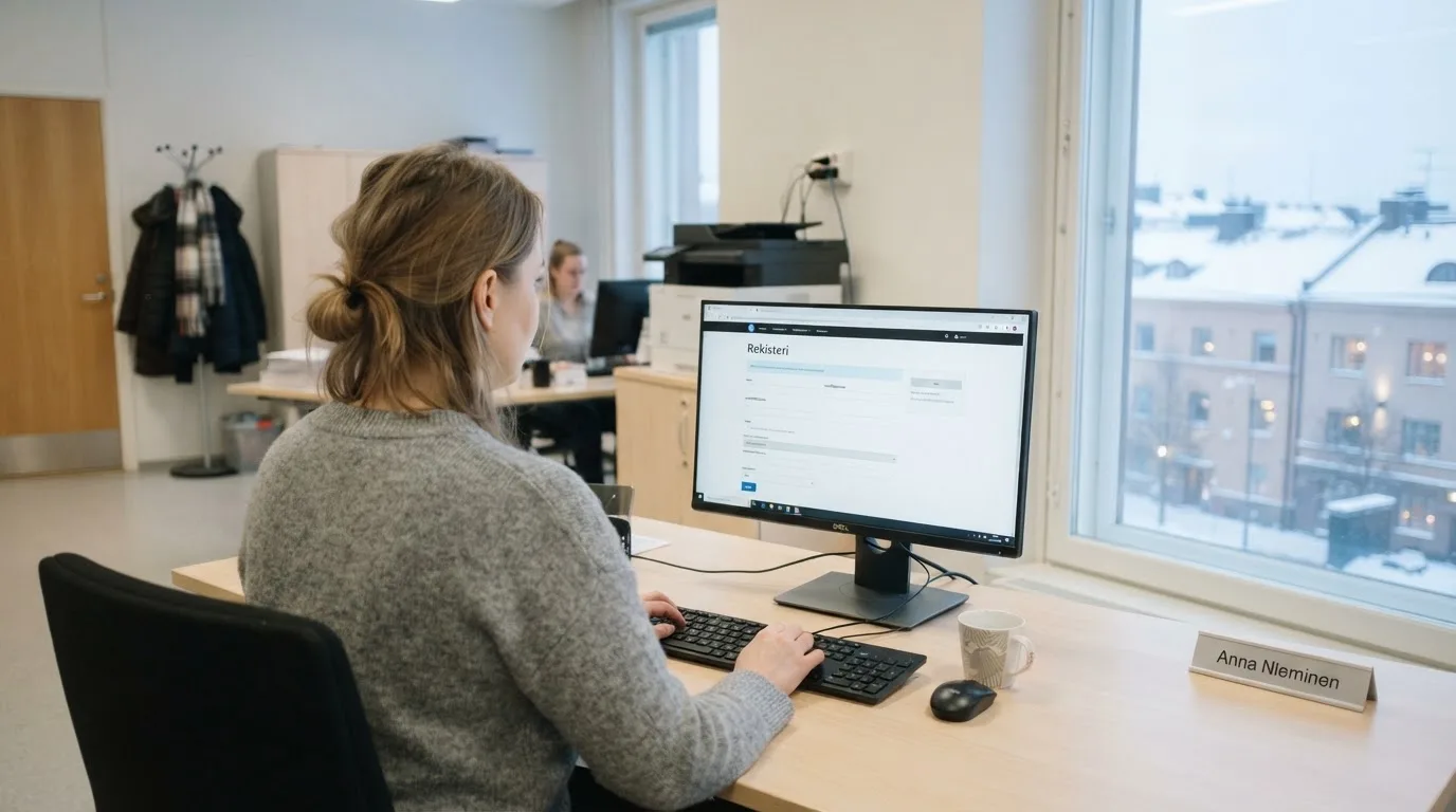 Virkailija istuu vaaleassa virastohuoneessa tietokoneen ääressä, ikkunasta näkyy talvinen kaupunkimaisema.