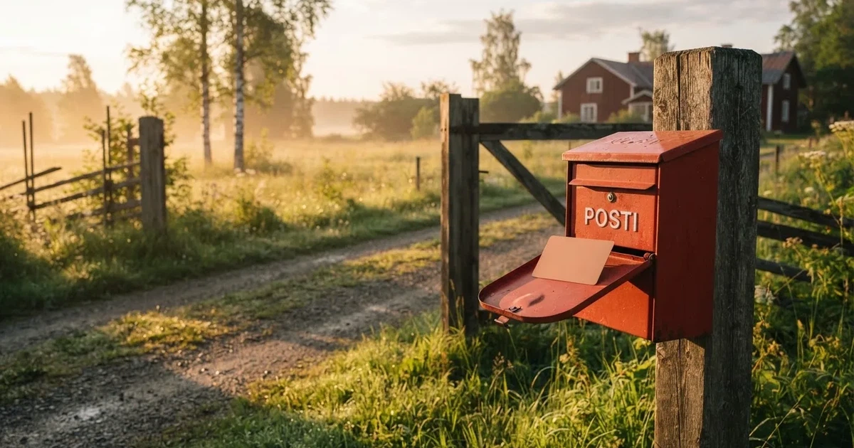 Punainen postilaatikko maalaistalon portilla kesäillassa, ruoho on kasteessa ja varjot pitkiä — parhaat neosurf kasinot