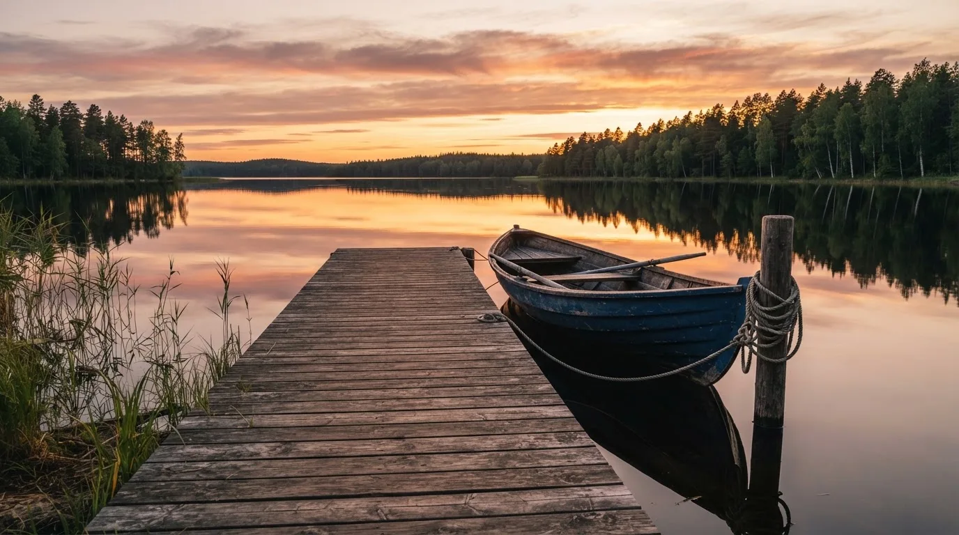 Laituri tyynellä järvellä auringonlaskussa, vanha soutuvene kiinnitettynä ja vedessä pilvien heijastus — parhaat nettirahapelit suomessa