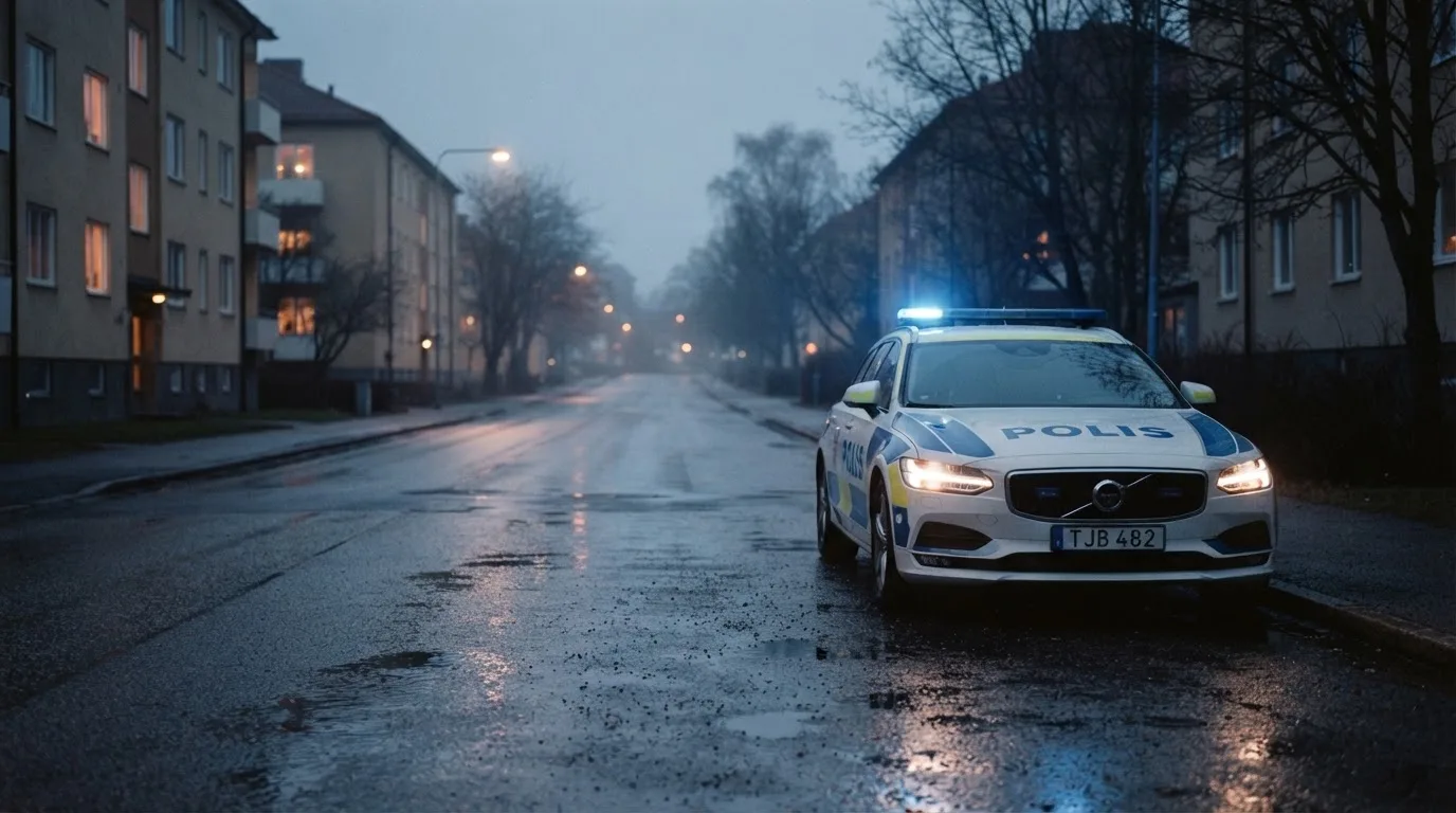 Poliisiauto pysäköitynä hiljaiselle kadulle iltahämärässä, valot heijastuvat kostealta katupinnalta autioksi jääneellä alueella.