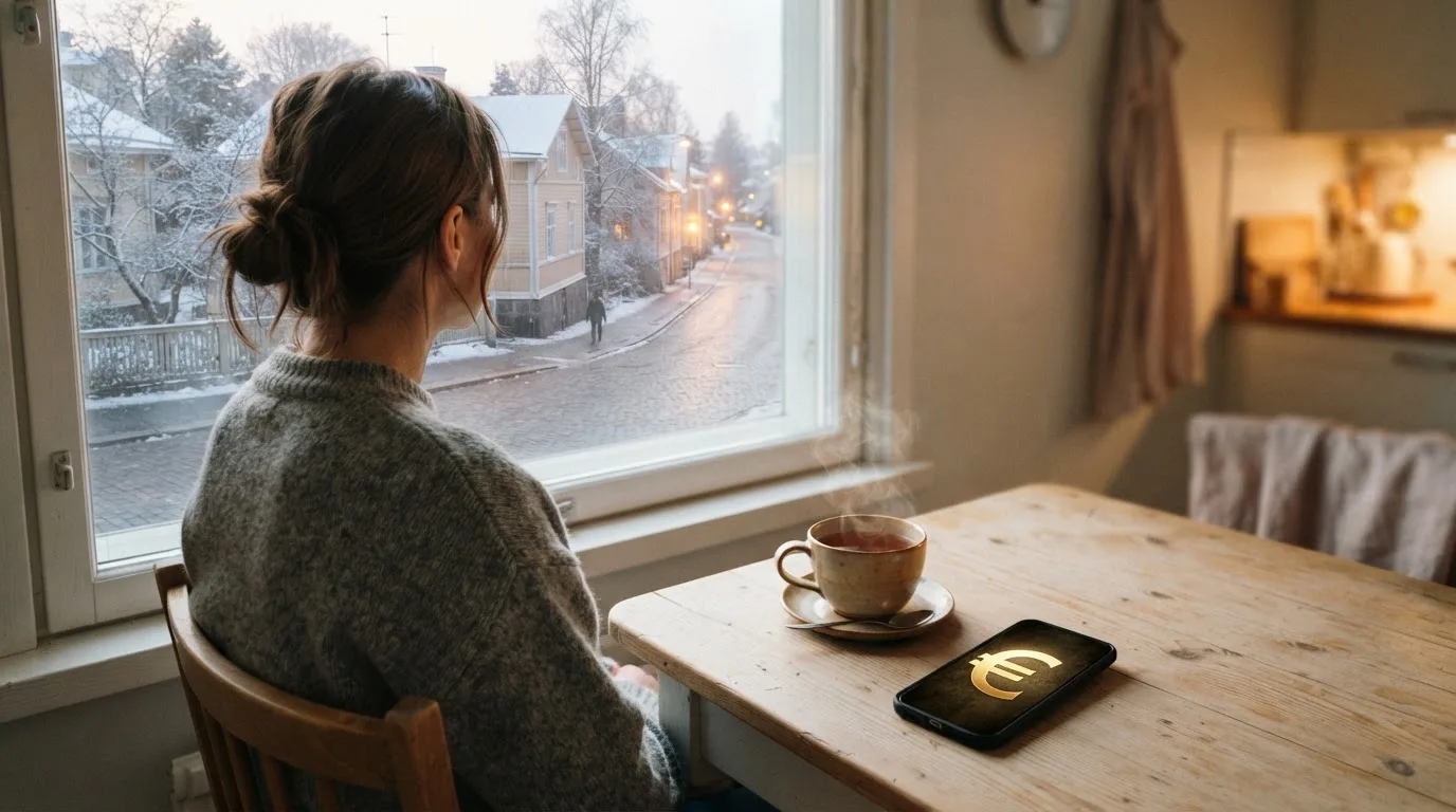 Henkilö istuu keittiön pöydän ääressä teekupin kanssa katsellen ulos ikkunasta rauhallisena aamuna.
