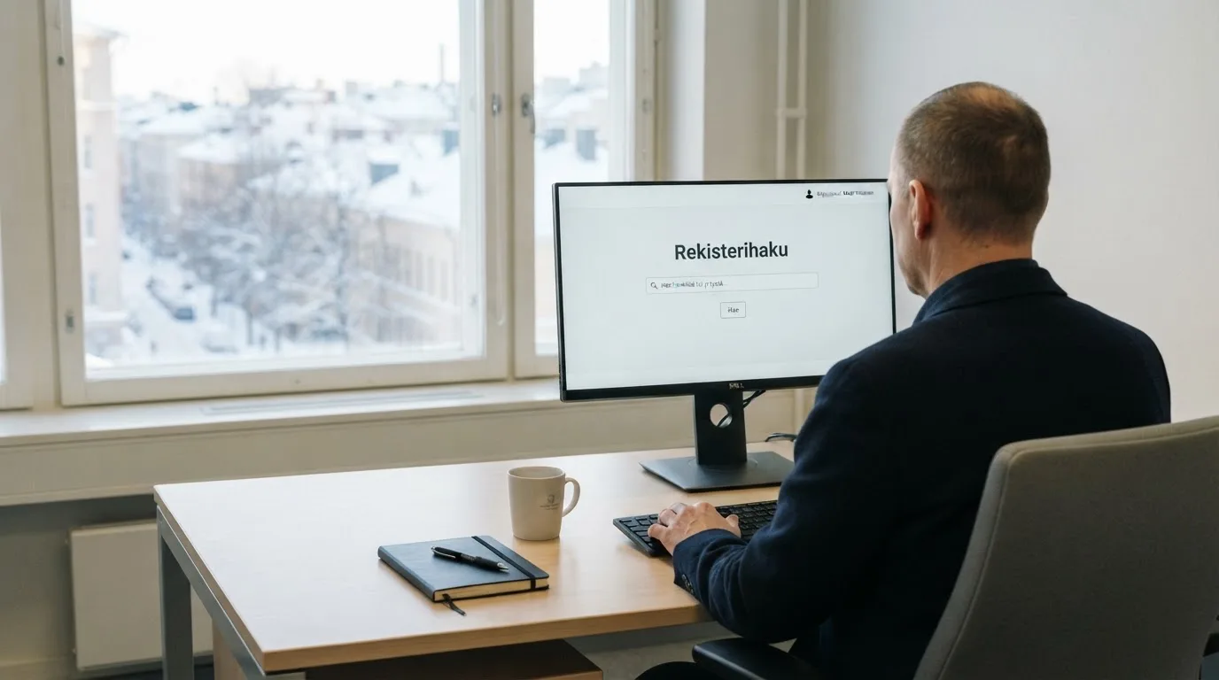 Virkailija istuu vaaleassa virastohuoneessa tietokoneen ääressä, ikkunasta näkyy talvinen kaupunkimaisema.