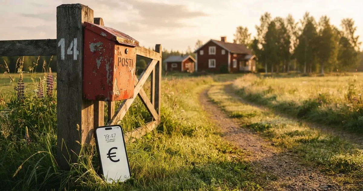 Punainen postilaatikko maalaistalon portilla kesäillassa, ruoho on kasteessa ja varjot pitkiä — parhaat visa kasinot