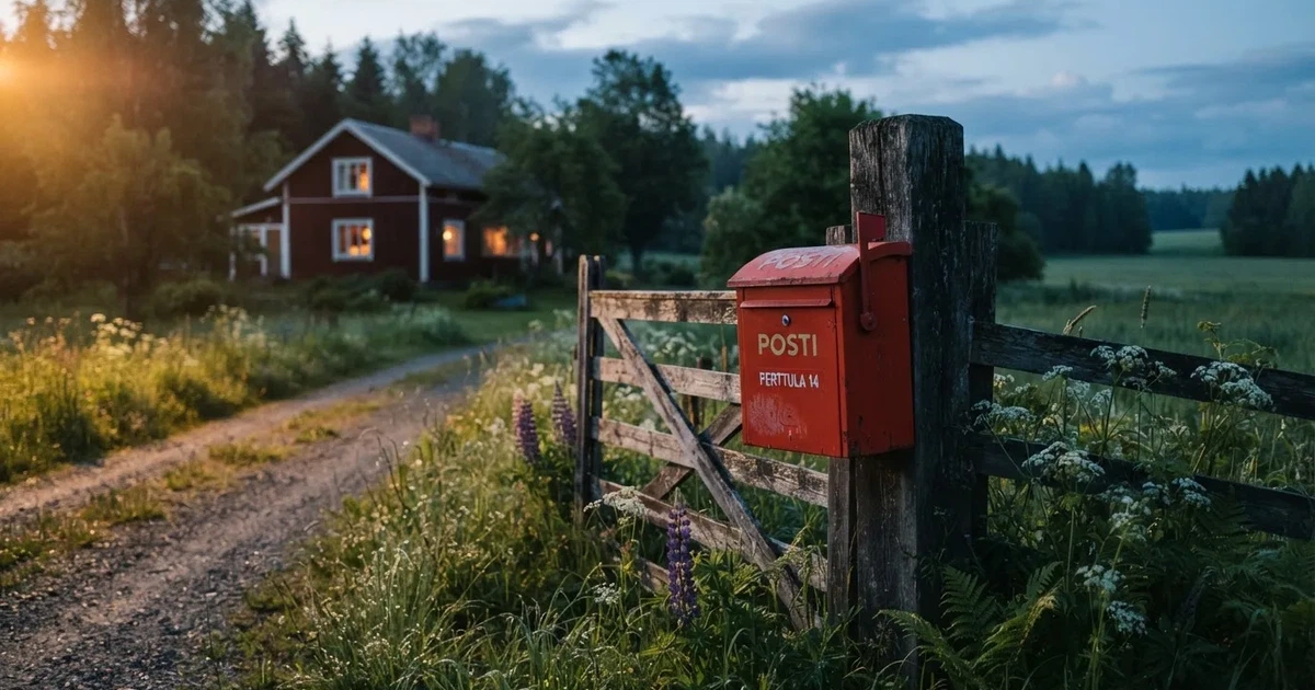 Punainen postilaatikko maalaistalon portilla kesäillassa, ruoho on kasteessa ja varjot pitkiä — parhaat zimpler kasinot