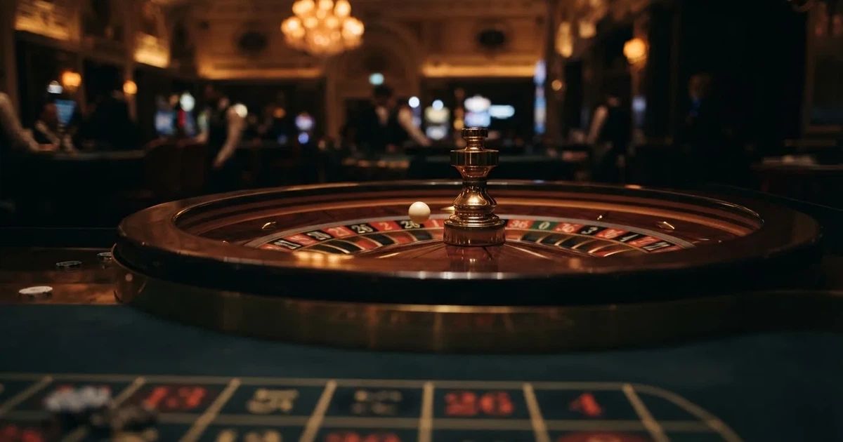 Roulette-pöytä lähikuvassa, jossa pyörivä pyörä ja pallo hyppäävät numerolokeroiden välillä pelisalin hämärässä valaistuksessa.