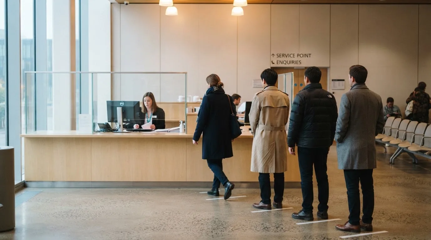 Virastorakennuksen aula, jossa asiakaspalvelutiski ja odottava jono ihmisiä hallinnollisen käsittelyn arjessa.