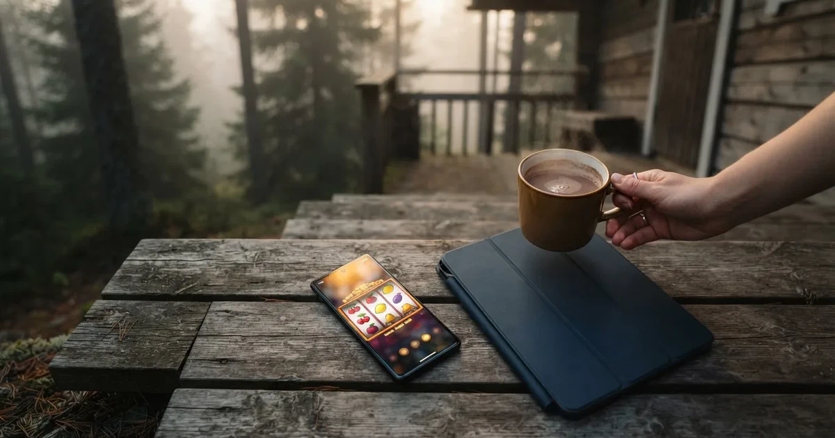Kädet pitelevät lämmintä kaakaomukia metsämökin portailla, vieressä suljettu tabletti ja aamusumua — suomalainen mobiilikasino bonukset