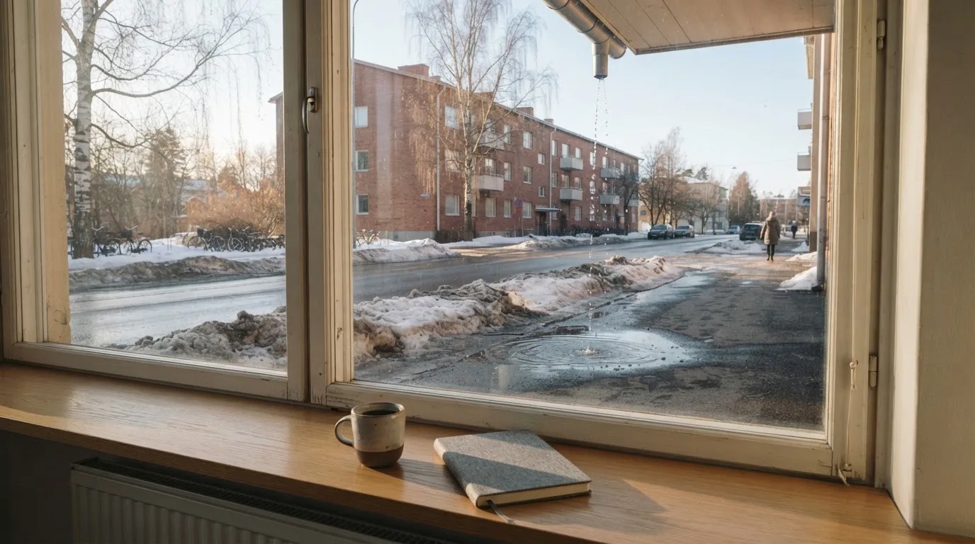 Toimistohuoneen ikkunasta näkyy maaliskuun aamu, lumi sulaa hiljaa kadulla auringon lämmittäessä.