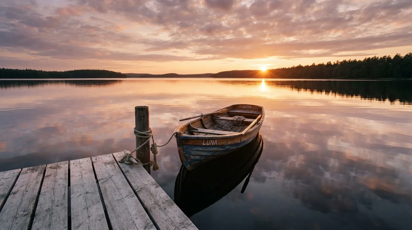 Laituri tyynellä järvellä auringonlaskussa, vanha soutuvene kiinnitettynä ja vedessä pilvien heijastus — turvallisimmat oikean rahan nettikasinot
