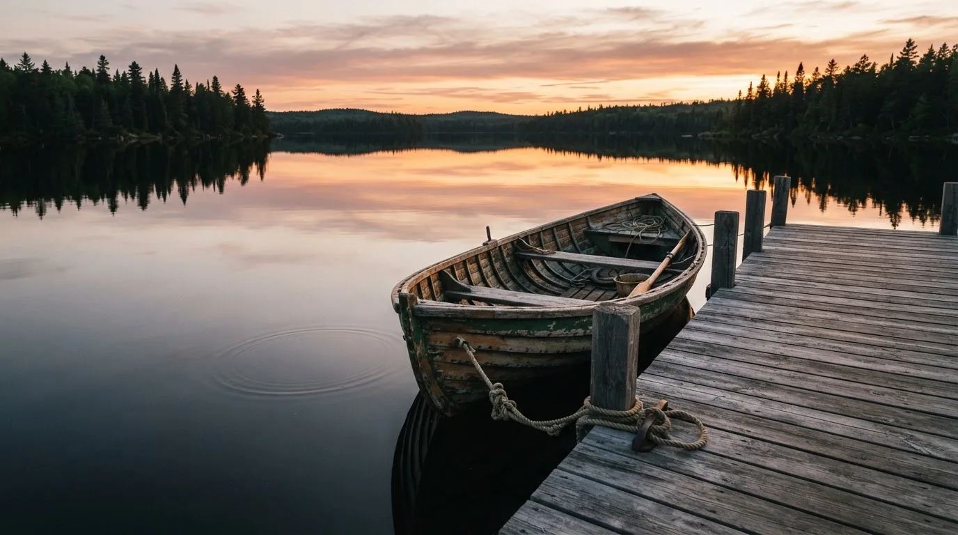 Laituri tyynellä järvellä auringonlaskussa, vanha soutuvene kiinnitettynä ja vedessä pilvien heijastus — varma voitto kasino